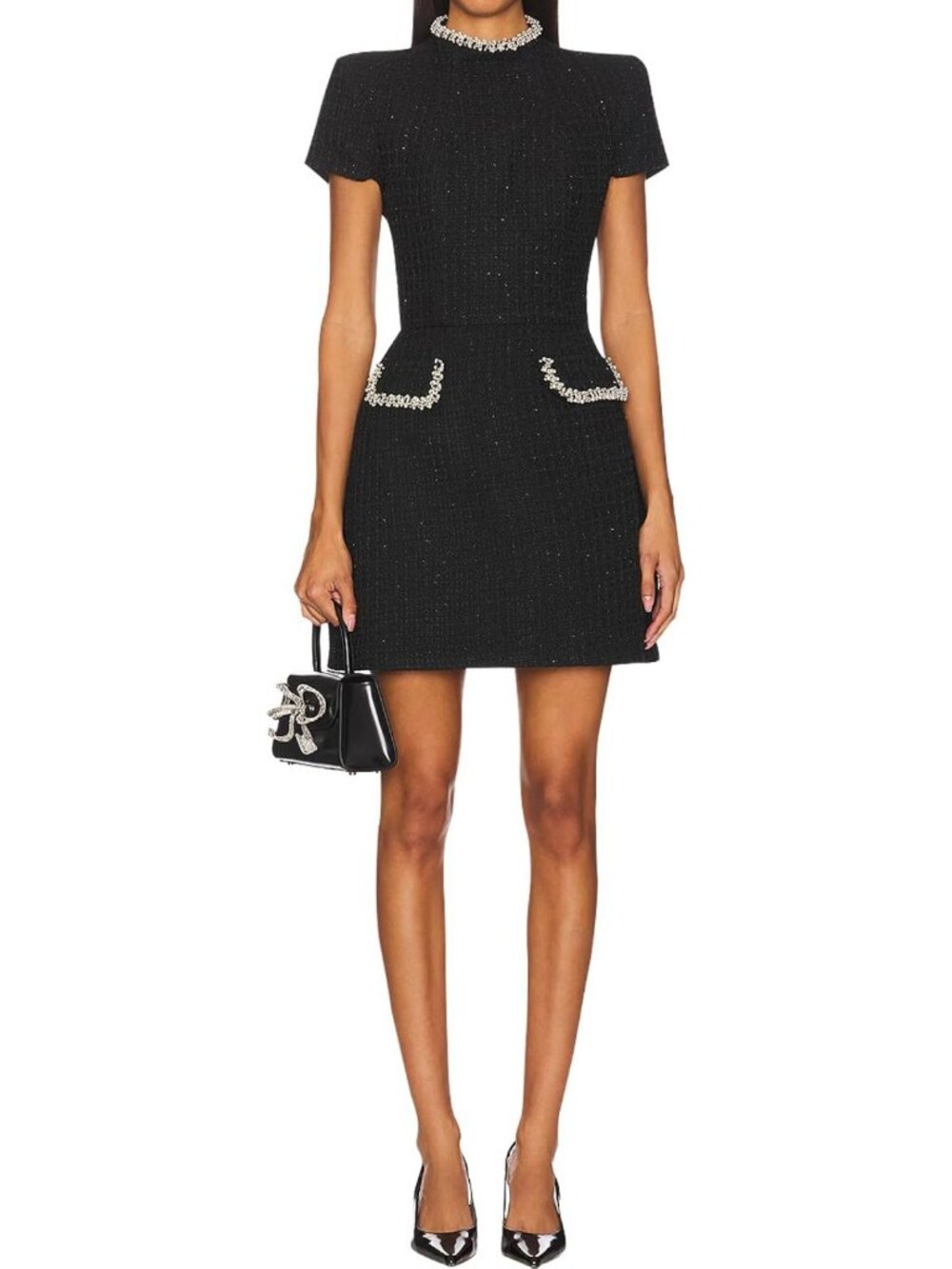 Sexy High Neck Mini Dress with Pearls - Short Sleeve Bodycon Party Clubwear